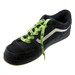A black sneaker laced with vibrant green shoe laces featuring a logo pattern.