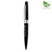 A metal pen with a sleek black design and a silver clip, featuring a logo on the barrel. A metal pen with a sleek black design and a silver clip, featuring a logo on the barrel.