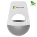 A wireless speaker in silver and white with a rounded design, featuring a small handle and a logo. A wireless speaker in silver and white with a rounded design, featuring a small handle and a logo.