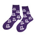 Purple socks featuring a patterned design with logos and motifs throughout.