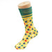 A brightly coloured yellow sock featuring a pattern of green, red, and blue leaves, with a green cuff at the top.