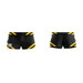 Black sports shorts with yellow diagonal stripes, featuring a number on one side and a logo.
