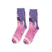 A pair of purple, pink, and cream sports socks featuring a geometric design and branding.