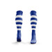 Blue soccer socks with white stripes and a logo, designed for sports uniforms.