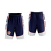Basketball shorts in navy blue and white with a logo and side text design. Basketball shorts in navy blue and white with a logo and side text design.