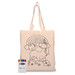 A calico tote bag featuring a unicorn design with a rainbow and clouds, accompanied by a set of coloured markers. A calico tote bag featuring a unicorn design with a rainbow and clouds, accompanied by a set of coloured markers.