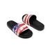 Slides featuring a red, white, and blue design with a black sole. Includes a simple logo on the strap. Slides featuring a red, white, and blue design with a black sole. Includes a simple logo on the strap.