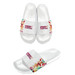 A pair of white slide sandals featuring a colourful design and a logo on the straps. A pair of white slide sandals featuring a colourful design and a logo on the straps.