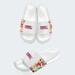 A pair of white slides featuring a vibrant patterned strap with a logo. The slides have a glossy finish. A pair of white slides featuring a vibrant patterned strap with a logo. The slides have a glossy finish.