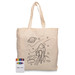 A beige cotton tote bag featuring a rocket and space design, accompanied by a set of crayons in various colours. A beige cotton tote bag featuring a rocket and space design, accompanied by a set of crayons in various colours.