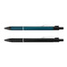 A metal pen set featuring a teal pen and a black pen with textured grips and clips, both with branding.