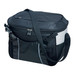 A black and grey cooler bag with a strap, featuring mesh pockets and a zippered top. It has a logo on the side. A black and grey cooler bag with a strap, featuring mesh pockets and a zippered top. It has a logo on the side.