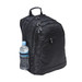 A black laptop backpack with multiple compartments and a side pocket holding a drink bottle. A black laptop backpack with multiple compartments and a side pocket holding a drink bottle.