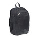 A black laptop backpack with zippered compartments and mesh side pockets. Features a logo and adjustable straps.