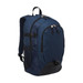 A navy blue laptop backpack with multiple compartments, zippers, and a side mesh pocket. It features a logo. A navy blue laptop backpack with multiple compartments, zippers, and a side mesh pocket. It features a logo.