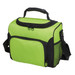 A green cooler bag with a sturdy handle, adjustable strap, and zippered compartments. It features a mesh pocket on the side.