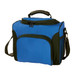 A blue cooler bag features a zippered top, a front pocket, and a removable shoulder strap. It has a handle and includes branding.