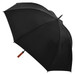 A black umbrella with a wooden handle, featuring a simple design and a classic shape.