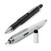 A black and silver multi-function pen and a white pen with a ruler and level, featuring a brand logo. A black and silver multi-function pen and a white pen with a ruler and level, featuring a brand logo.