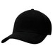 A black cap with a curved brim and a fitted design. It includes a logo on the front.