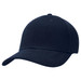A navy cap with a curved brim and a logo, designed for headwear.