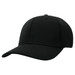 A black cap with a curved brim and a fitted design, featuring a solid colour and an unspecified logo.