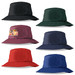 A collection of Poly Viscose Bucket Hats in black, green, burgundy, navy, red, and an embroidered design on one hat. A collection of Poly Viscose Bucket Hats in black, green, burgundy, navy, red, and an embroidered design on one hat.