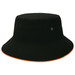 A black bucket hat with an orange trim, featuring eyelets and a logo.