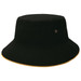 A black bucket hat with a contrasting gold trim and metal eyelets for ventilation. It features a logo.