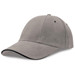 A grey cap with a curved brim and contrasting trim, featuring a logo on the side.
