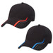 A black cap featuring contrasting red and blue accents, designed with a mesh panel for breathability.