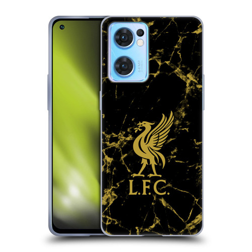 Liverpool Football Club Crest & Liverbird Patterns 1 Black & Gold Marble Soft Gel Case for OPPO Reno7 5G / Find X5 Lite