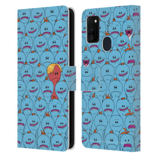 Rick And Morty Season 4 Graphics Mr. Meeseeks Pattern Leather Book Wallet Case Cover For Samsung Galaxy M30s (2019)/M21 (2020)