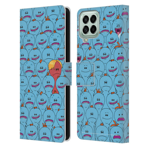 Rick And Morty Season 4 Graphics Mr. Meeseeks Pattern Leather Book Wallet Case Cover For Samsung Galaxy M33 (2022)