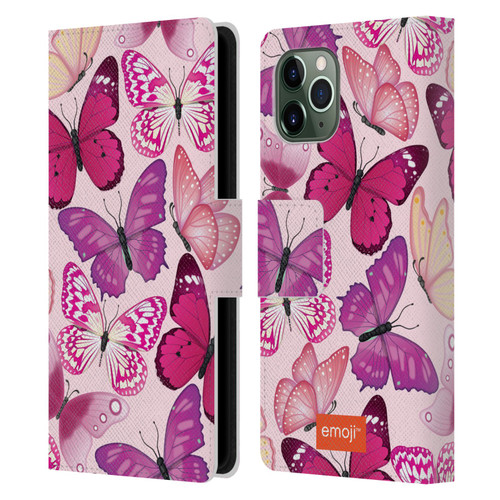 emoji® Butterflies Pink And Purple Leather Book Wallet Case Cover For Apple iPhone 11 Pro