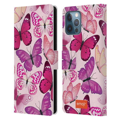 emoji® Butterflies Pink And Purple Leather Book Wallet Case Cover For Apple iPhone 12 Pro Max