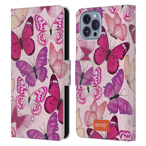 emoji® Butterflies Pink And Purple Leather Book Wallet Case Cover For Apple iPhone 14