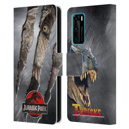 Jurassic Park Logo T-Rex Claw Mark Leather Book Wallet Case Cover For Huawei P40 5G