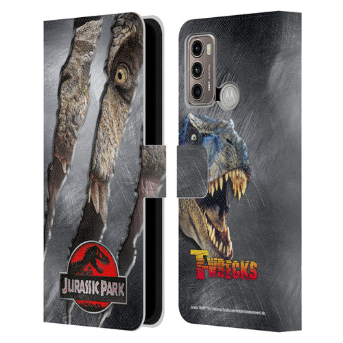 Jurassic Park Logo T-Rex Claw Mark Leather Book Wallet Case Cover For Motorola Moto G60 / Moto G40 Fusion