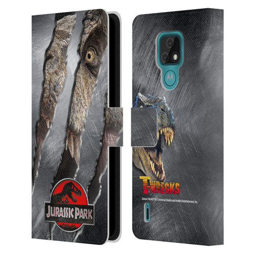 Jurassic Park Logo T-Rex Claw Mark Leather Book Wallet Case Cover For Motorola Moto E7