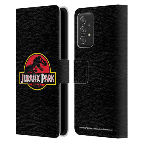 Jurassic Park Logo Plain Black Leather Book Wallet Case Cover For Samsung Galaxy A52 / A52s / 5G (2021)