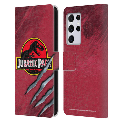 Jurassic Park Logo Red Claw Leather Book Wallet Case Cover For Samsung Galaxy S21 Ultra 5G