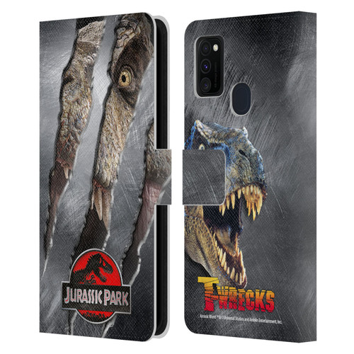 Jurassic Park Logo T-Rex Claw Mark Leather Book Wallet Case Cover For Samsung Galaxy M30s (2019)/M21 (2020)