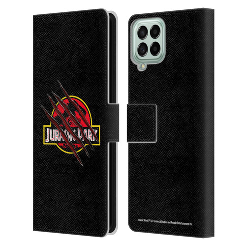Jurassic Park Logo Plain Black Claw Leather Book Wallet Case Cover For Samsung Galaxy M33 (2022)