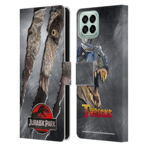 Jurassic Park Logo T-Rex Claw Mark Leather Book Wallet Case Cover For Samsung Galaxy M33 (2022)