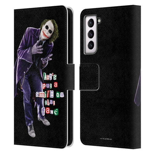 The Dark Knight Graphics Joker Put A Smile Leather Book Wallet Case Cover For Samsung Galaxy S21 5G
