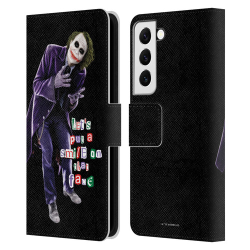 The Dark Knight Graphics Joker Put A Smile Leather Book Wallet Case Cover For Samsung Galaxy S22 5G