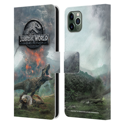 Jurassic World Fallen Kingdom Key Art T-Rex Volcano Leather Book Wallet Case Cover For Apple iPhone 11 Pro Max