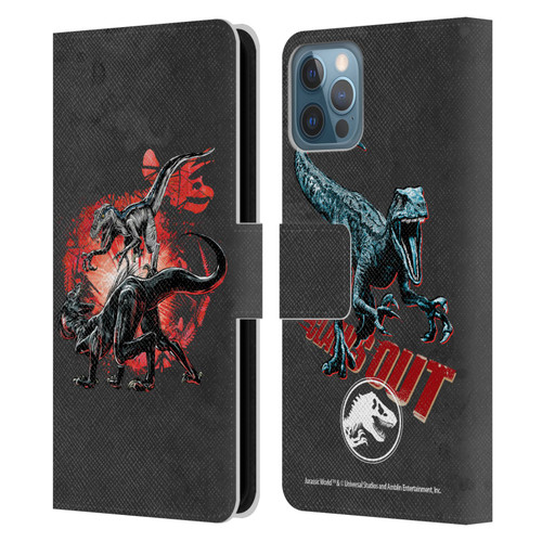 Jurassic World Fallen Kingdom Key Art Raptors Battle Leather Book Wallet Case Cover For Apple iPhone 12 / iPhone 12 Pro