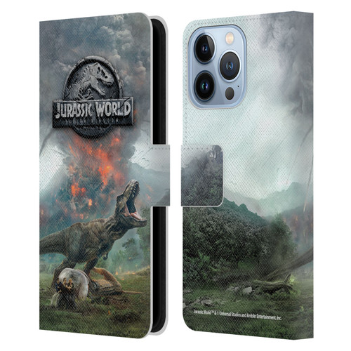 Jurassic World Fallen Kingdom Key Art T-Rex Volcano Leather Book Wallet Case Cover For Apple iPhone 13 Pro